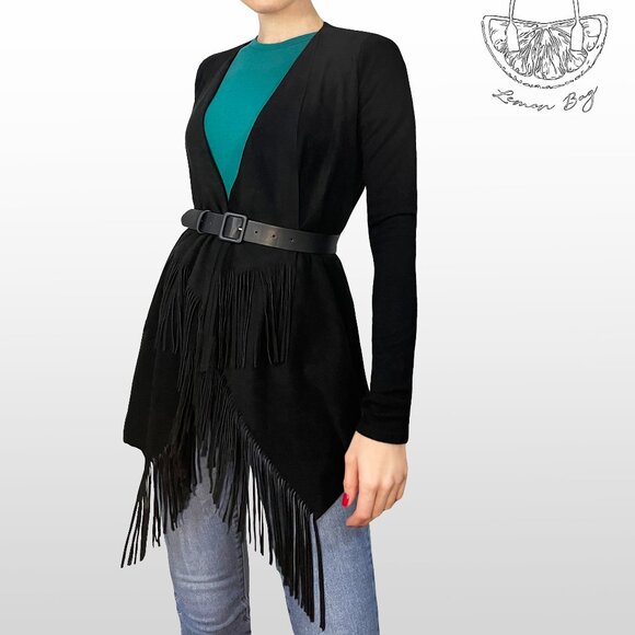 INC International Concepts Sweaters - INC International Concepts / Draped Fringe Suede Cardigan / Size S / Color Black